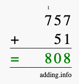 Calculate 757 + 51 using long addition