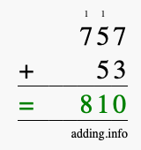 Calculate 757 + 53 using long addition