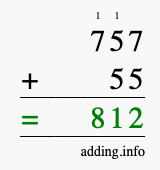 Calculate 757 + 55 using long addition