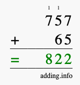 Calculate 757 + 65 using long addition