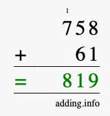 Calculate 758 + 61 using long addition
