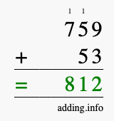 Calculate 759 + 53 using long addition