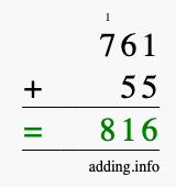 Calculate 761 + 55 using long addition