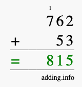 Calculate 762 + 53 using long addition