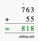 Calculate 763 + 55 using long addition