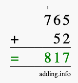 Calculate 765 + 52 using long addition