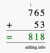 Calculate 765 + 53 using long addition
