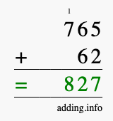Calculate 765 + 62 using long addition