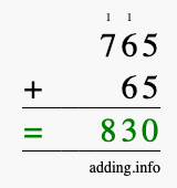 Calculate 765 + 65 using long addition