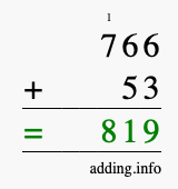 Calculate 766 + 53 using long addition