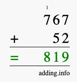 Calculate 767 + 52 using long addition