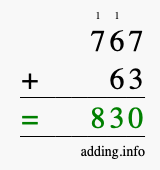 Calculate 767 + 63 using long addition