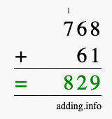 Calculate 768 + 61 using long addition