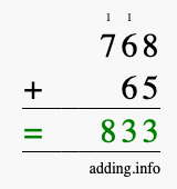 Calculate 768 + 65 using long addition