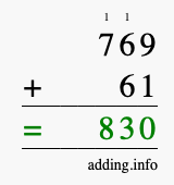 Calculate 769 + 61 using long addition