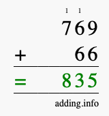 Calculate 769 + 66 using long addition