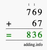 Calculate 769 + 67 using long addition