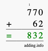 Calculate 770 + 62 using long addition