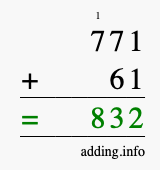 Calculate 771 + 61 using long addition