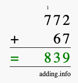 Calculate 772 + 67 using long addition