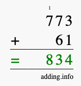 Calculate 773 + 61 using long addition