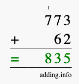 Calculate 773 + 62 using long addition