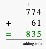 Calculate 774 + 61 using long addition
