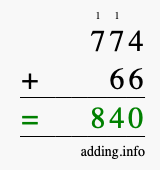 Calculate 774 + 66 using long addition