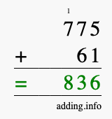 Calculate 775 + 61 using long addition