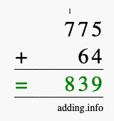 Calculate 775 + 64 using long addition