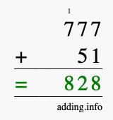 Calculate 777 + 51 using long addition