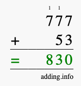 Calculate 777 + 53 using long addition