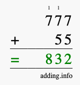 Calculate 777 + 55 using long addition