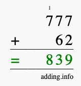 Calculate 777 + 62 using long addition