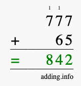 Calculate 777 + 65 using long addition