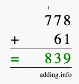 Calculate 778 + 61 using long addition