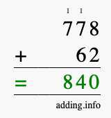 Calculate 778 + 62 using long addition