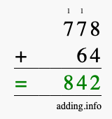 Calculate 778 + 64 using long addition