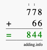 Calculate 778 + 66 using long addition