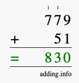 Calculate 779 + 51 using long addition