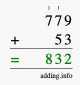 Calculate 779 + 53 using long addition