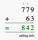 Calculate 779 + 63 using long addition
