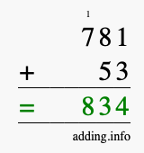 Calculate 781 + 53 using long addition