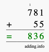 Calculate 781 + 55 using long addition