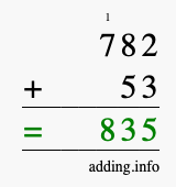 Calculate 782 + 53 using long addition