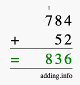 Calculate 784 + 52 using long addition