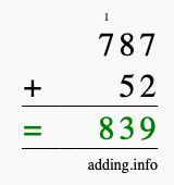 Calculate 787 + 52 using long addition