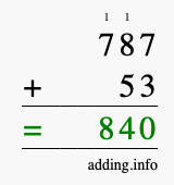 Calculate 787 + 53 using long addition