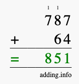 Calculate 787 + 64 using long addition