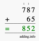Calculate 787 + 65 using long addition